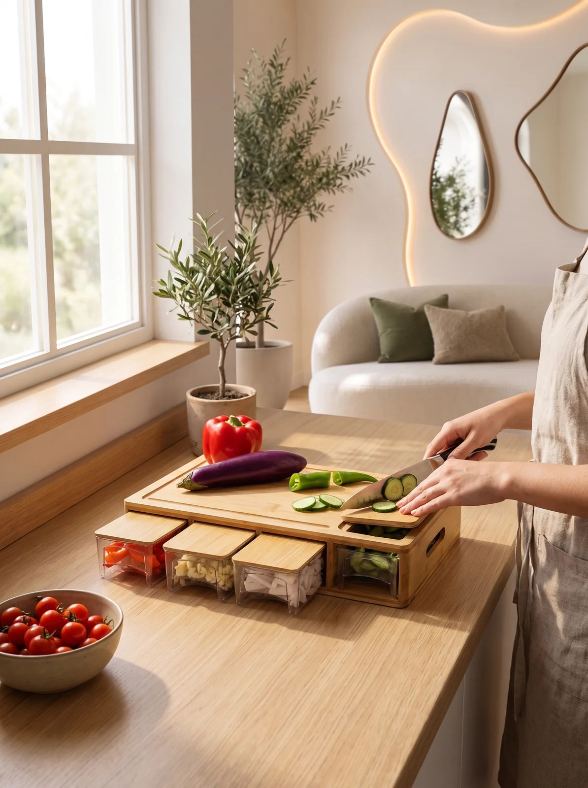 Bamboo Cutting Board with Storage Trays - iwt3_image