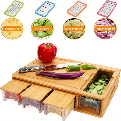 Planche à découper en bambou avec tiroirs de rangement