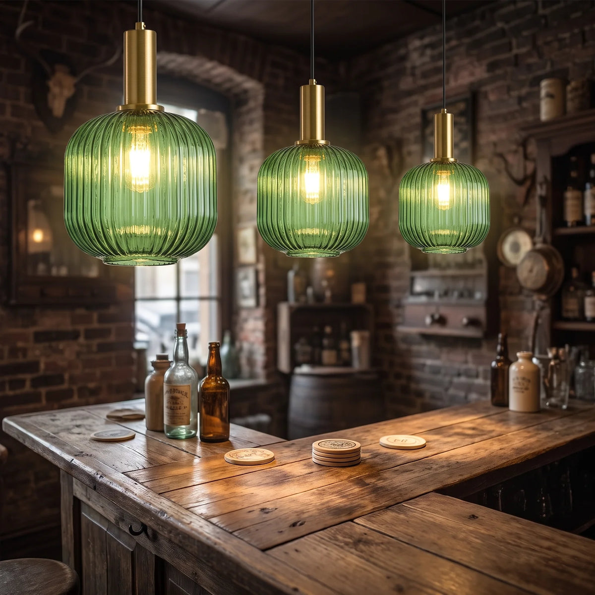 Modern Striped Glass Pendant Light | Brass & Ribbed Glass Shade - Green (webp)