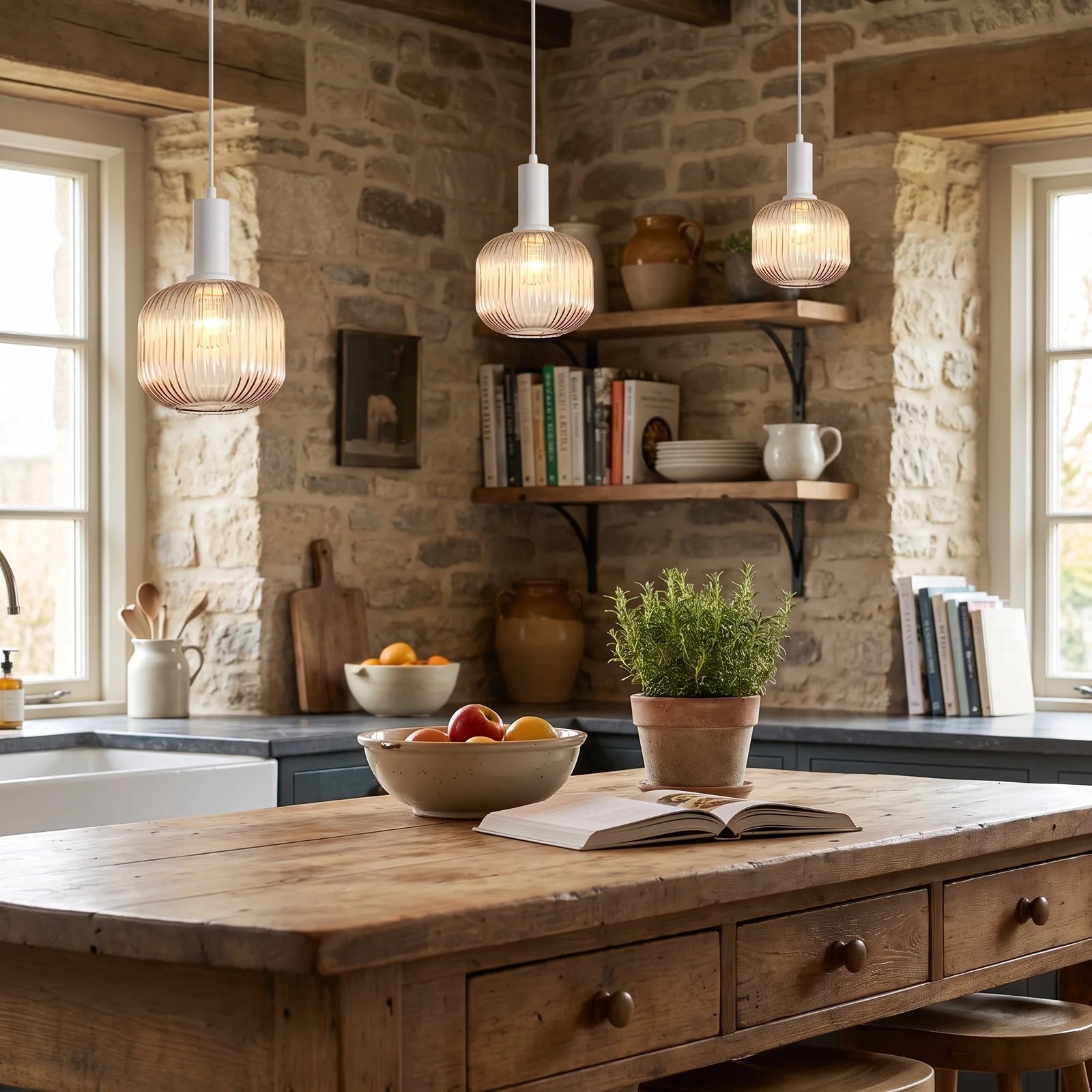 Modern Striped Glass Pendant Light | Brass & Ribbed Glass Shade - White (webp)