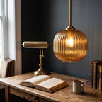 Modern Striped Glass Pendant Light | Brass & Ribbed Glass Shade - Amber (webp)