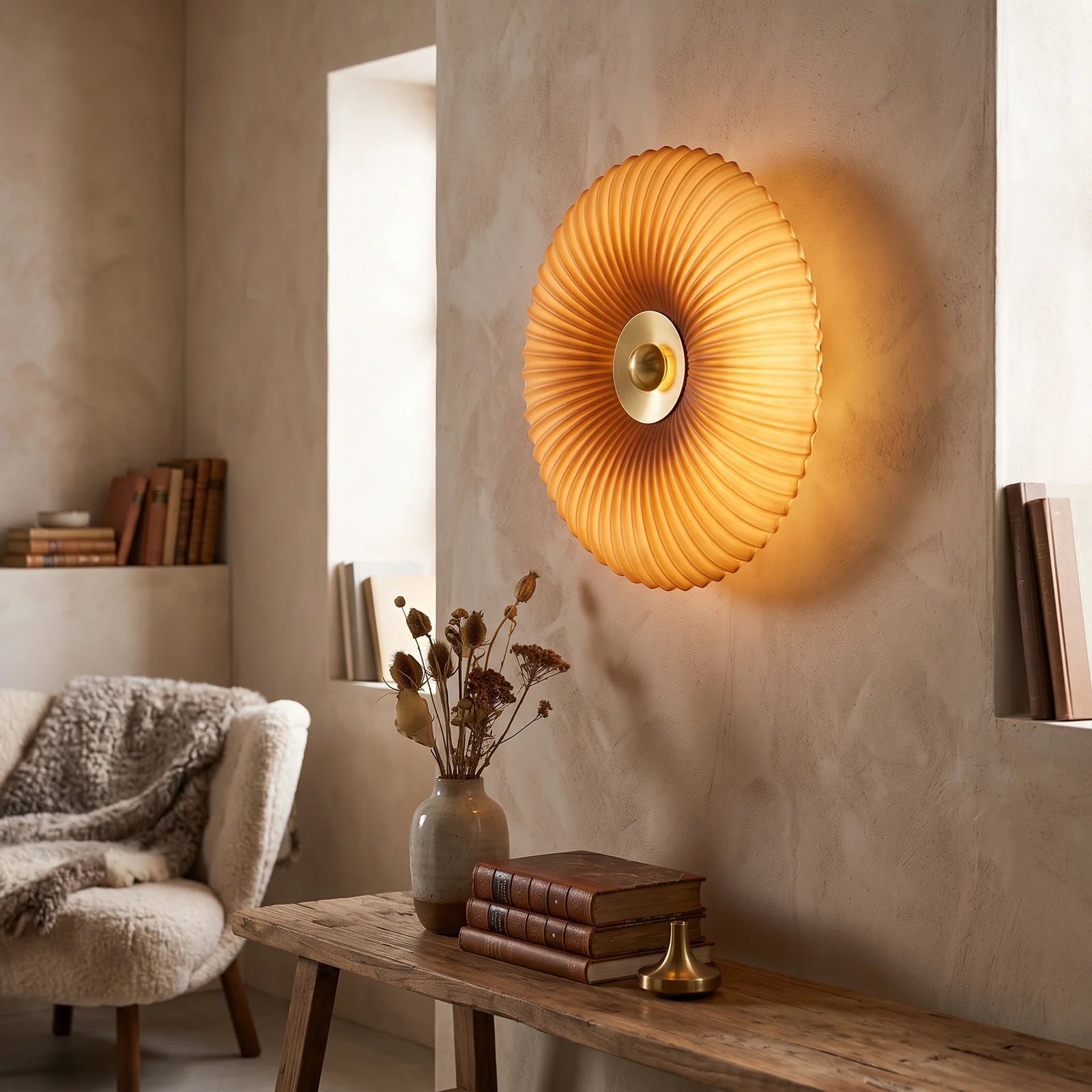 Nordic Vintage Glass Wall Sconce | Striped Round Disc Light - Cognac (webp)