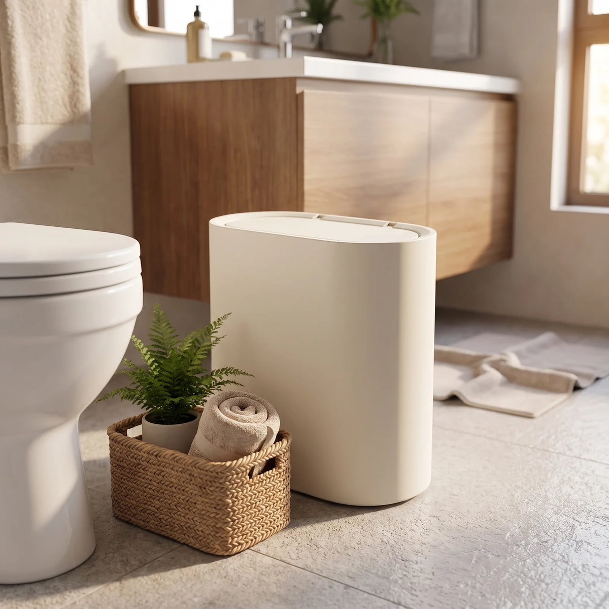 Marble Pattern Trash Can | Modern Bathroom & Kitchen Bin with Lid - Cream White (webp)