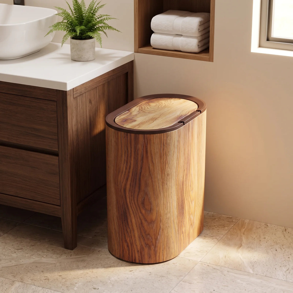 Marble Pattern Trash Can | Modern Bathroom & Kitchen Bin with Lid - Imitation Wood Grain (webp)
