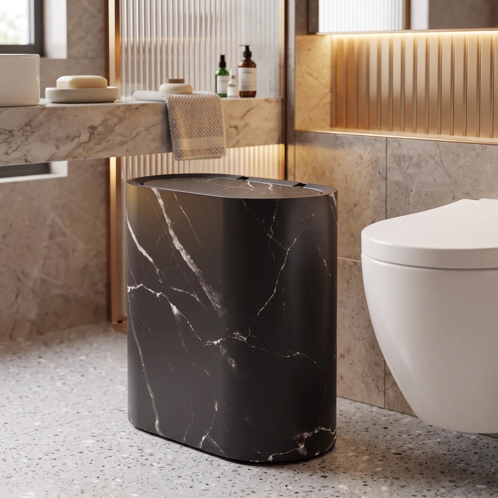 Marble Pattern Trash Can | Modern Bathroom & Kitchen Bin with Lid - Marble Black (webp)