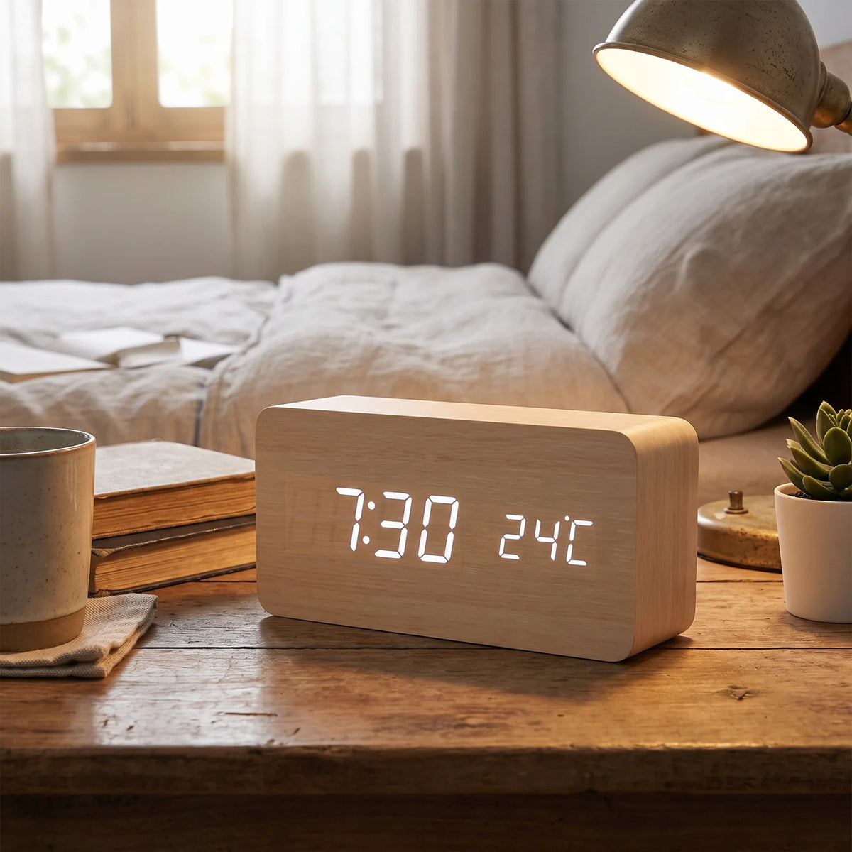 LED Smart Alarm Clock | Modern Voice-Controlled Wooden Design - Black - Block