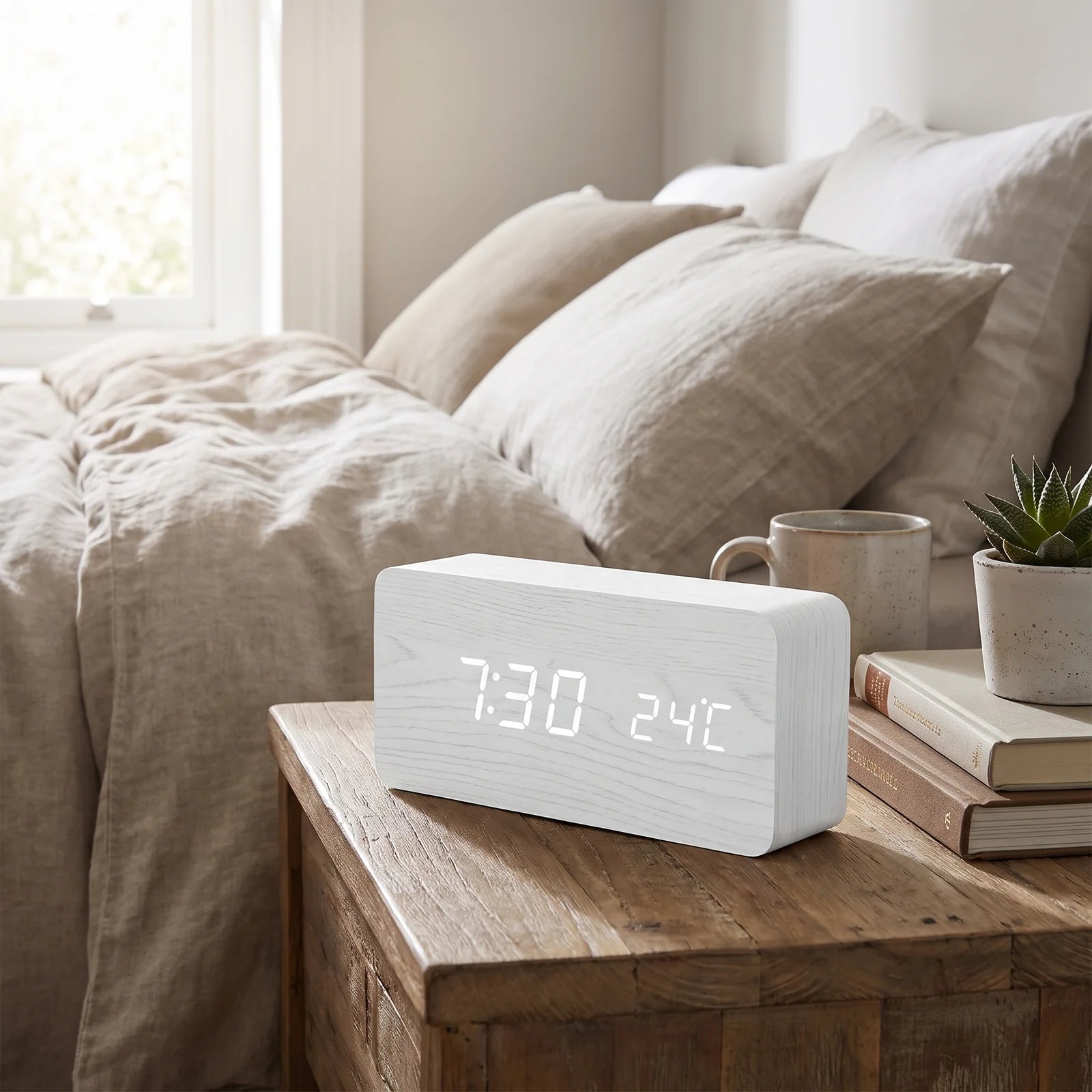 LED Smart Alarm Clock | Modern Voice-Controlled Wooden Design - White - Block