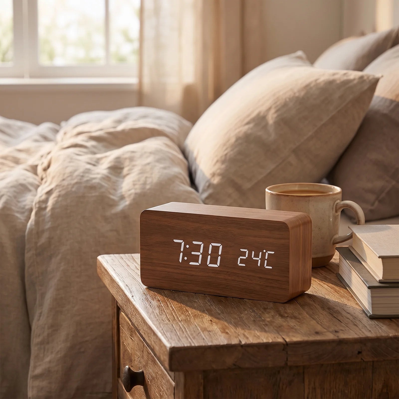 LED Smart Alarm Clock | Modern Voice-Controlled Wooden Design - Brown - Block