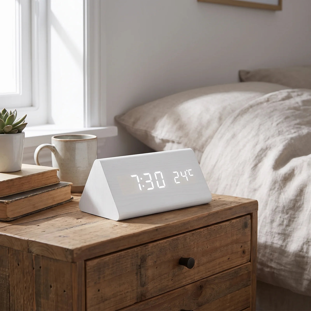 LED Smart Alarm Clock | Modern Voice-Controlled Wooden Design - White - Triangle