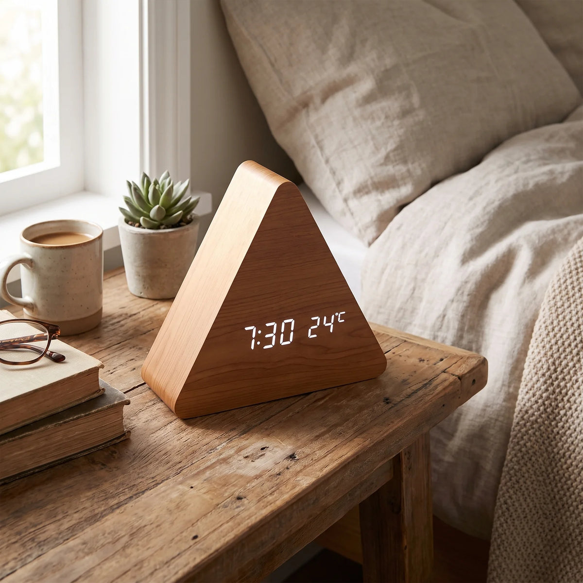 LED Smart Alarm Clock | Modern Voice-Controlled Wooden Design - Wood - Triangle