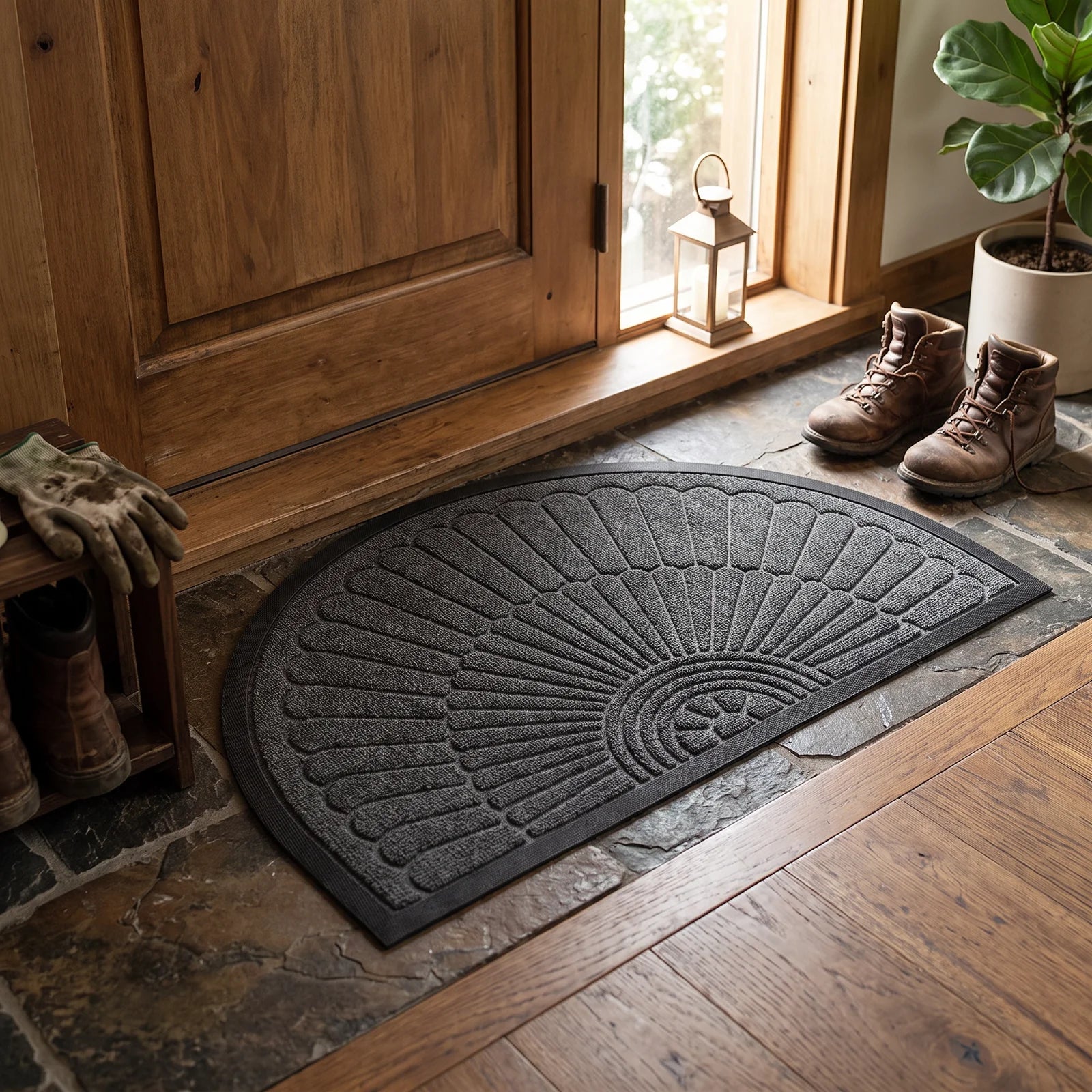Door Mat Non Slip Rubber Semi Circular Entryway Mat - Dark Grey