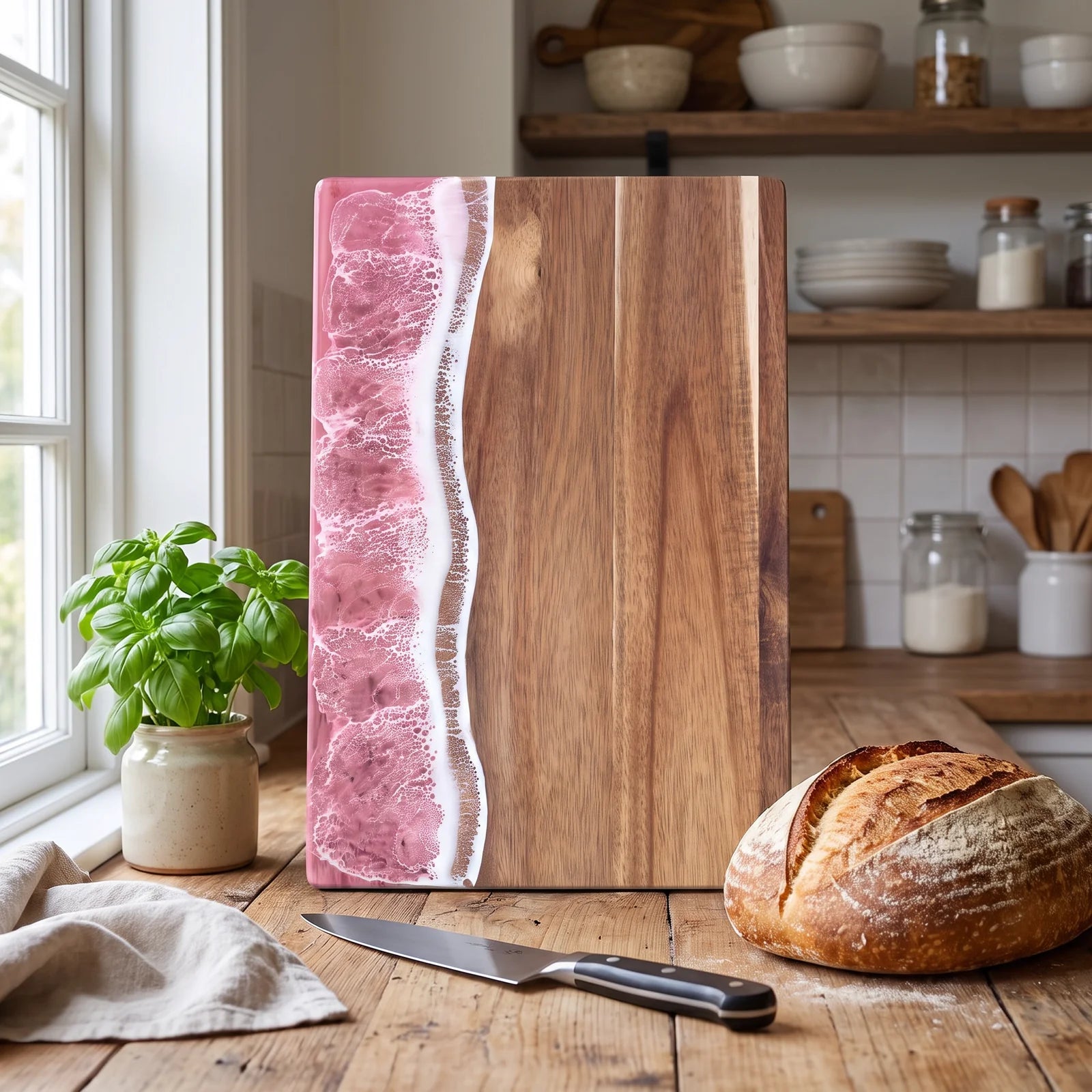 Wave Resin Cutting Board | Ocean-Inspired Acacia Wood Cheese & Serving Board - Pink side waves
