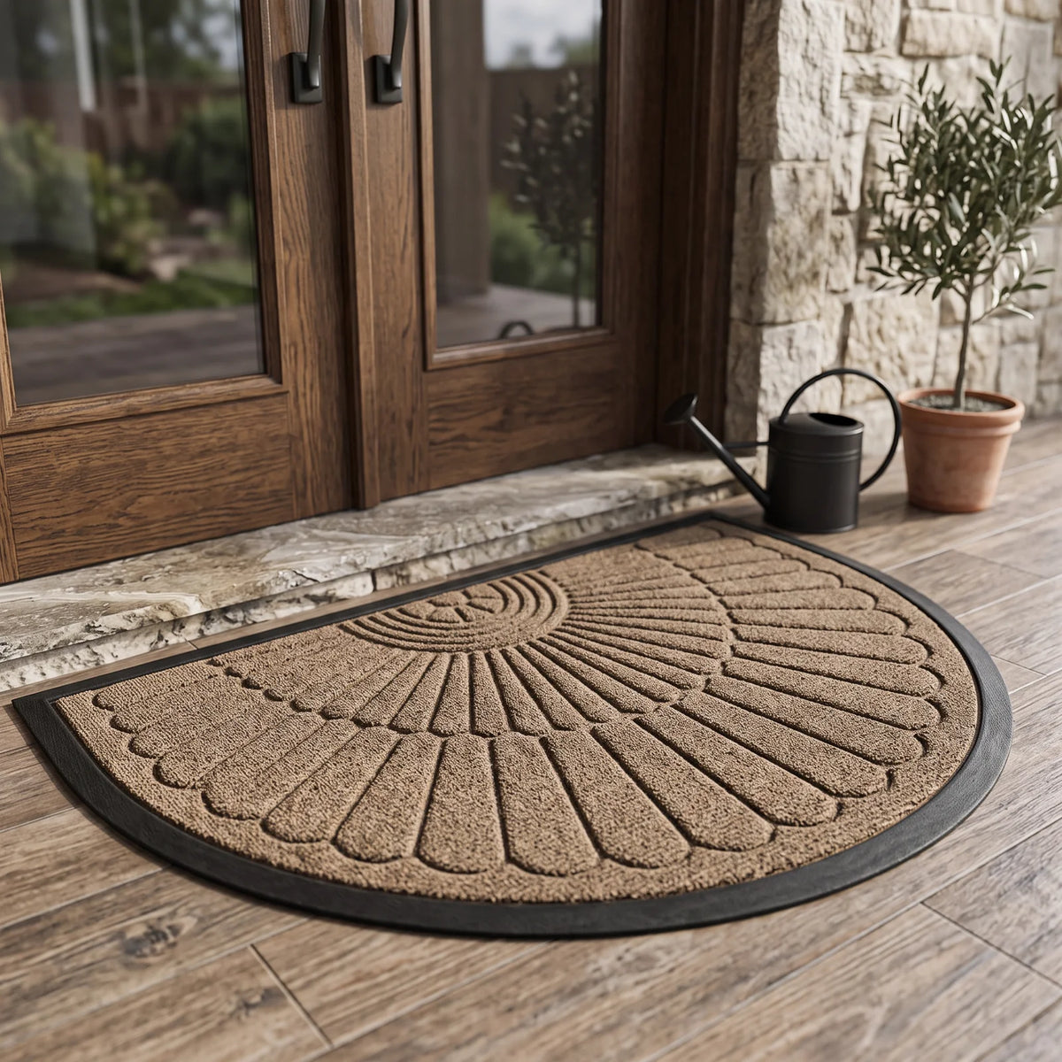 Door Mat Non Slip Rubber Semi Circular Entryway Mat - Beige Brown