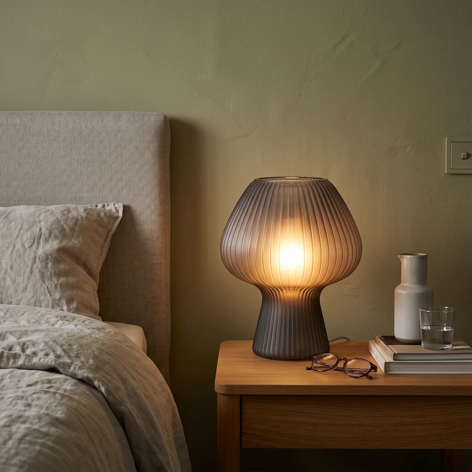 Vintage Bedside Table Lamp | Ribbed Glass Mushroom Lamp