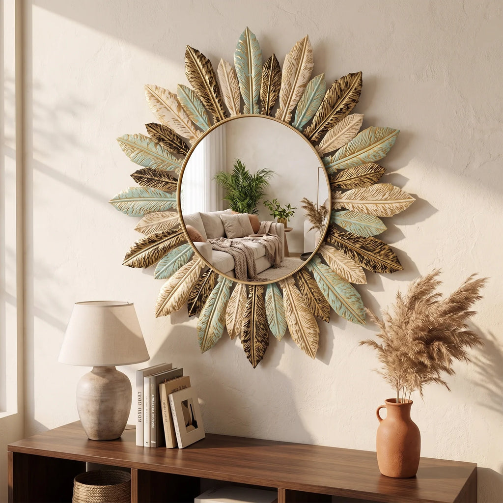 Bohemian Sunburst Metal Wall Mirror | Teal & Gold Leaf Design