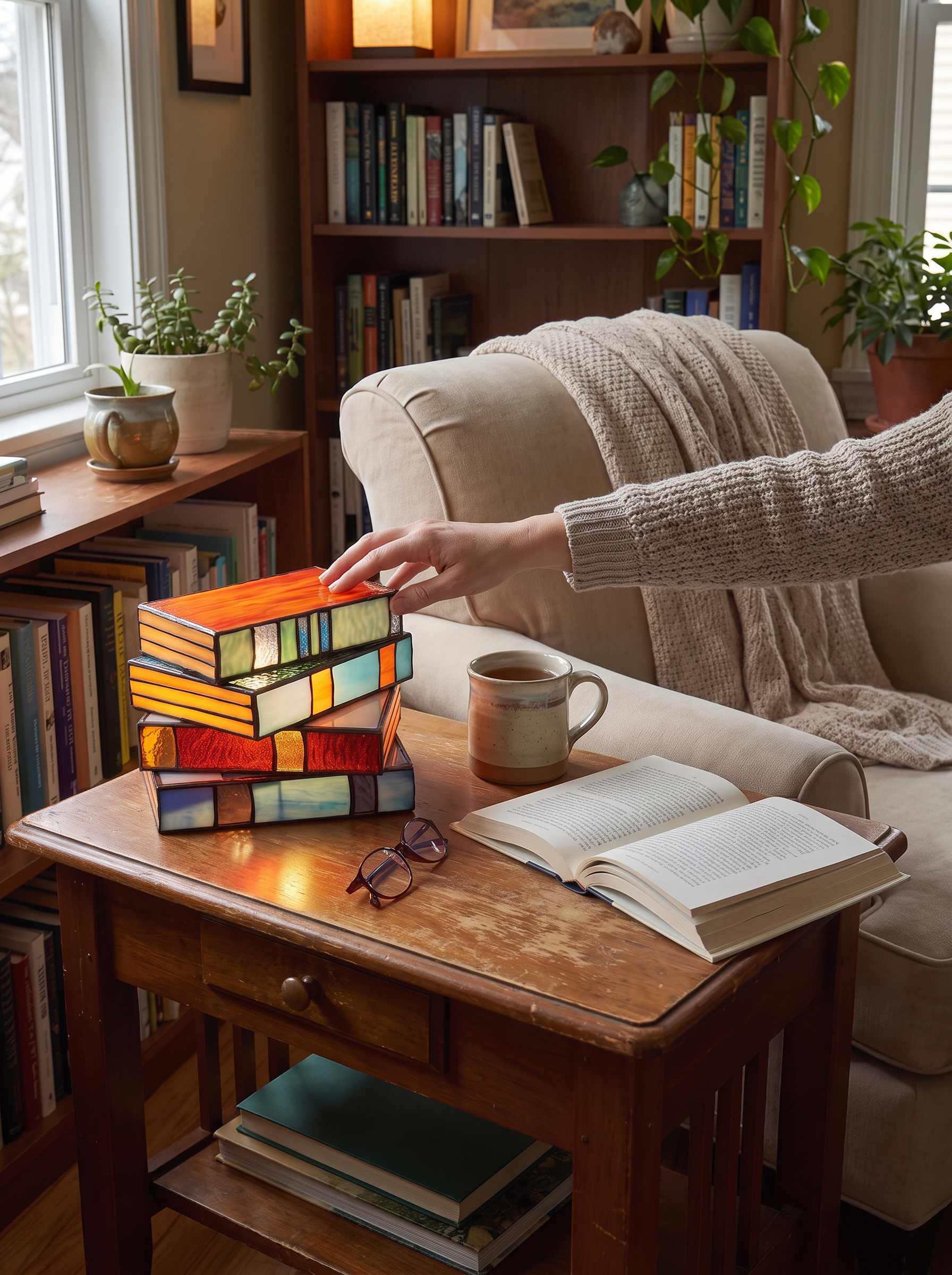 Stained Glass Book Lamp on a living room side table at dusk