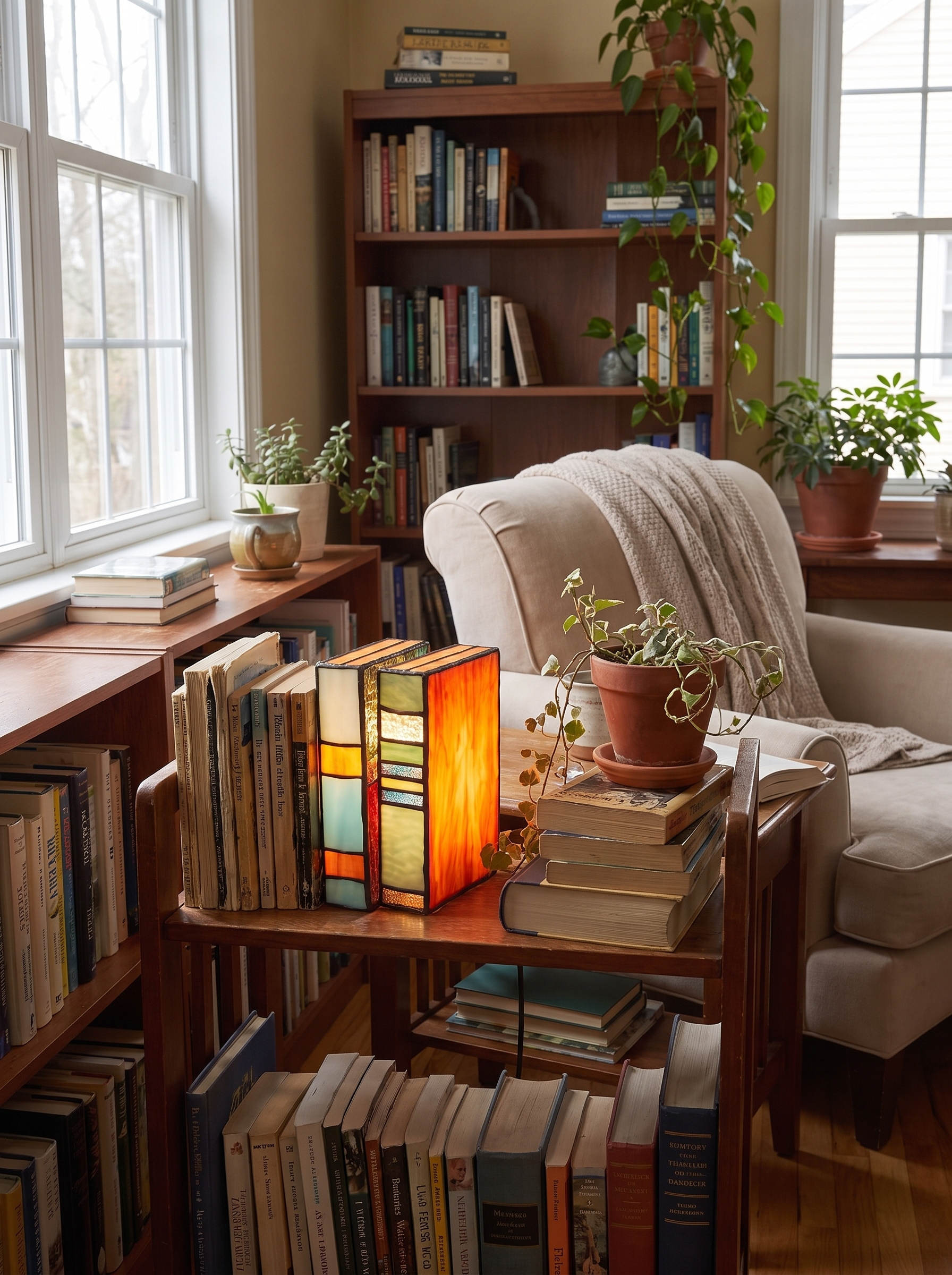 Stained Glass Book Lamp on a bookshelf among real books