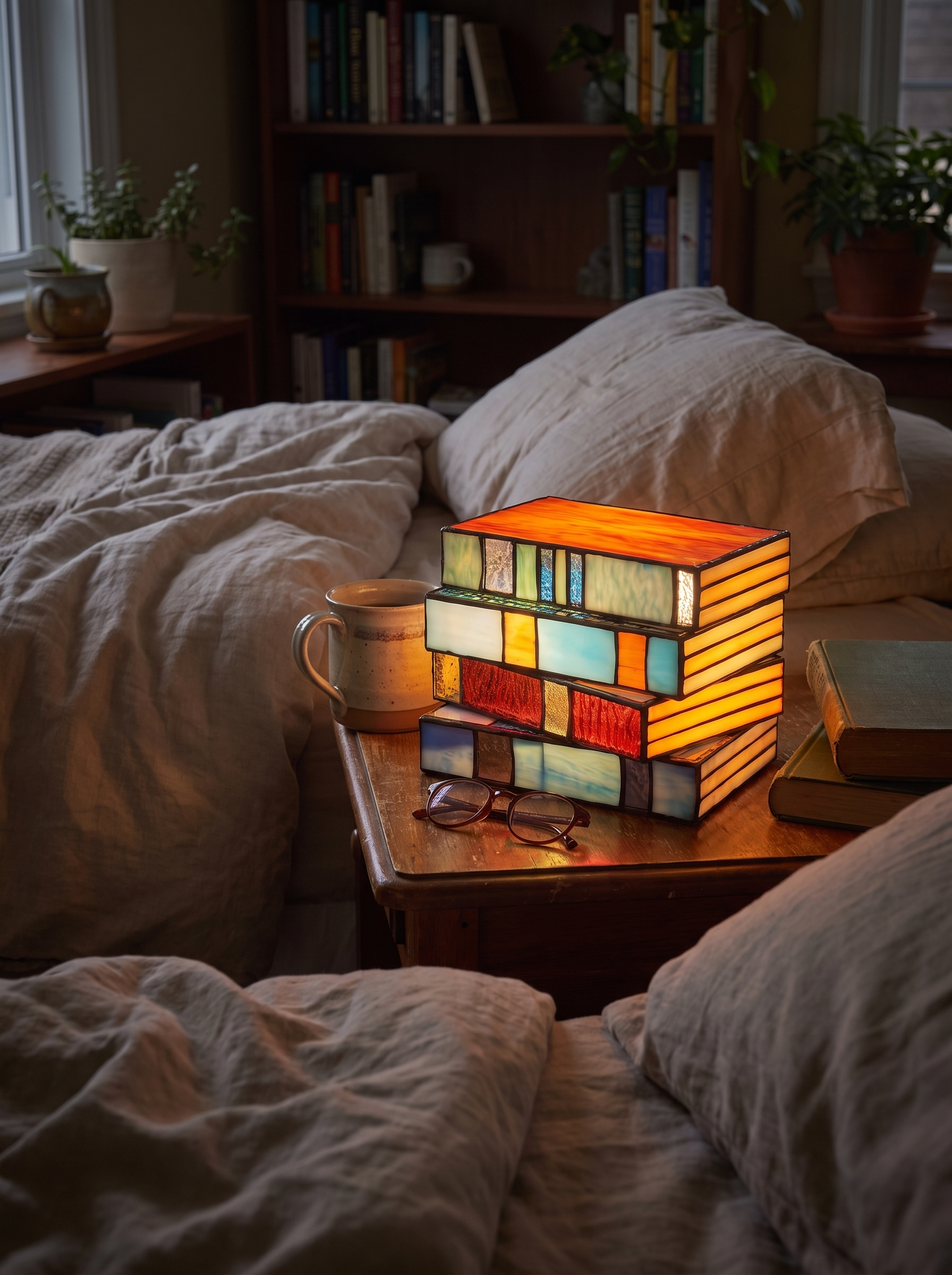 Stained Glass Book Lamp glowing on a nightstand at night