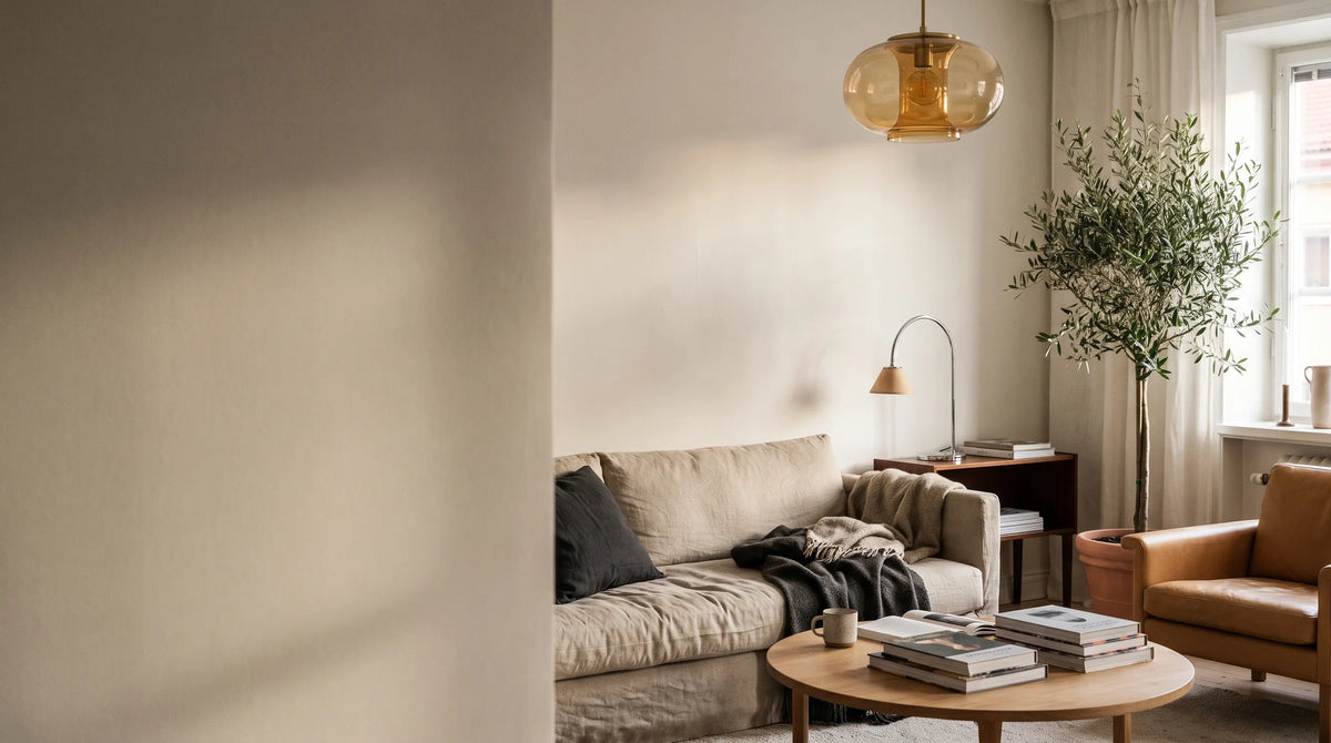 Un salon chaleureux éclairé par une suspension en verre au crépuscule